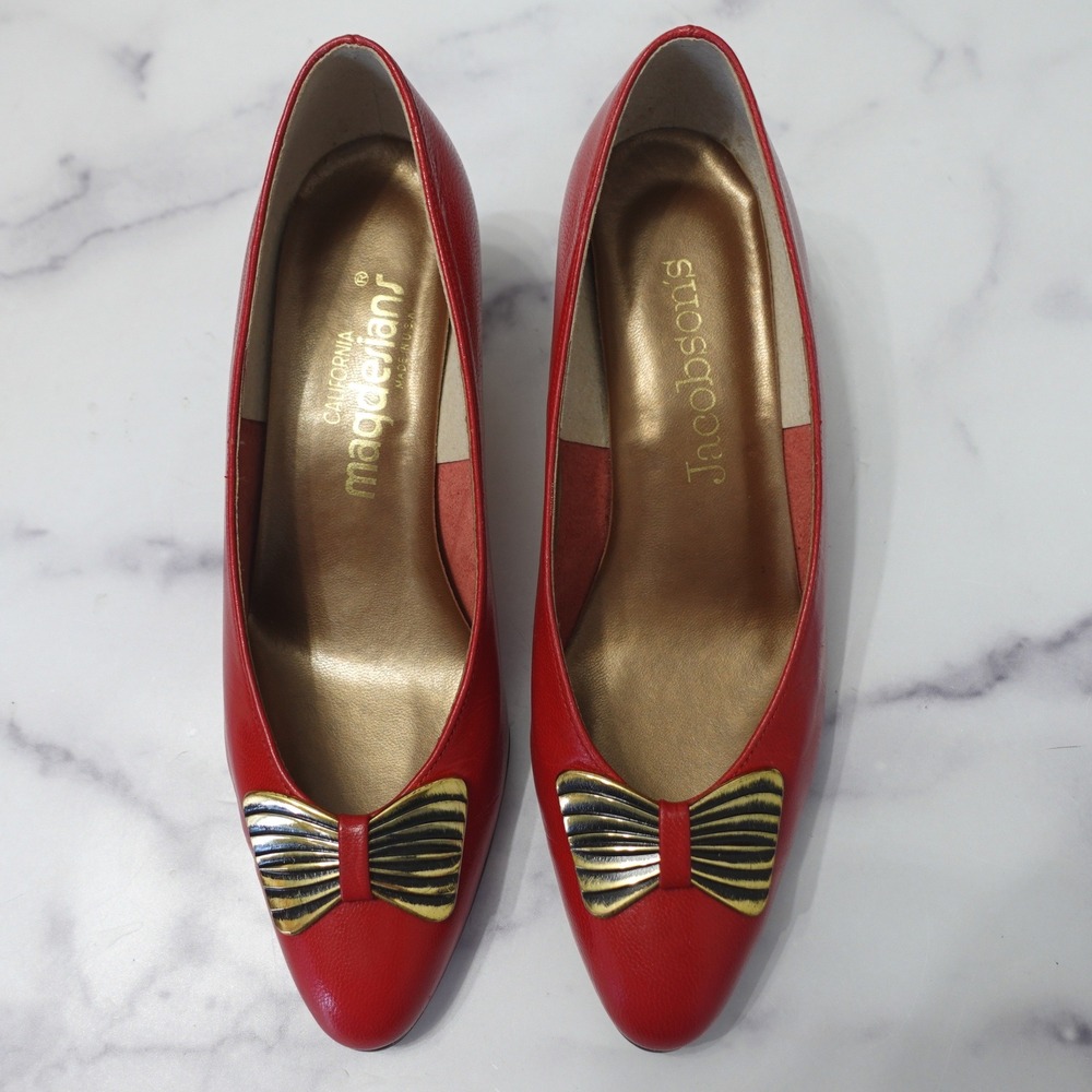 Magdesians‎ Vtg Wedge Pumps Womens 7 Red Leather Gold Bow Retro Rockabilly Heels